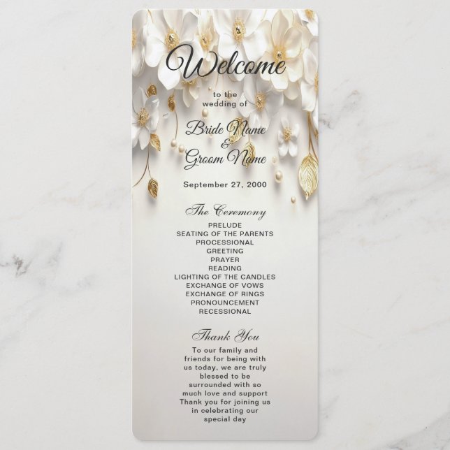 Ivory White Floral Gold Leaves Wedding Program (Front)