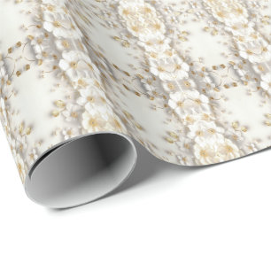 Ivory White Floral Gold Leaves Wrapping Paper