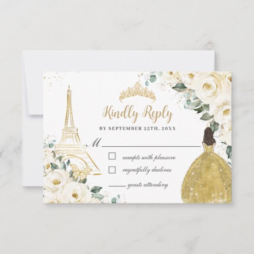 Ivory White Floral Gold Paris Princess Quinceaera RSVP Card