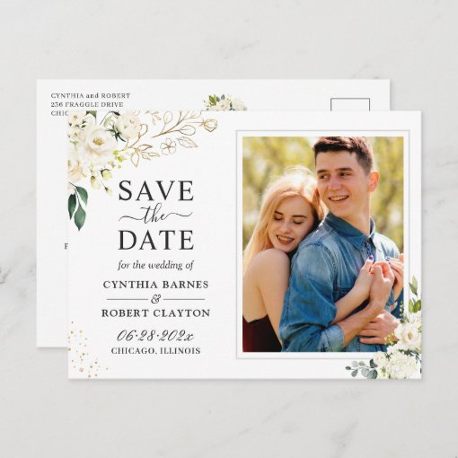 Ivory White Floral Gold Photo Save the Date Postcard | Zazzle