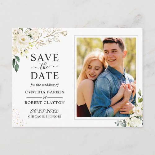Ivory White Floral Gold Photo Save the Date Postcard
