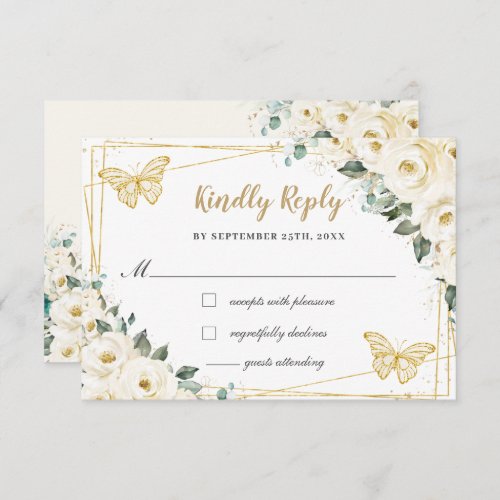 Ivory White Floral Gold Quinceaera Princess Reply RSVP Card