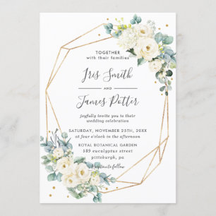 Ivory White Floral Greenery Gold Geometric Wedding Invitation