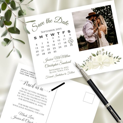 Ivory White Floral Photo  Calendar Save the Date Announcement Postcard