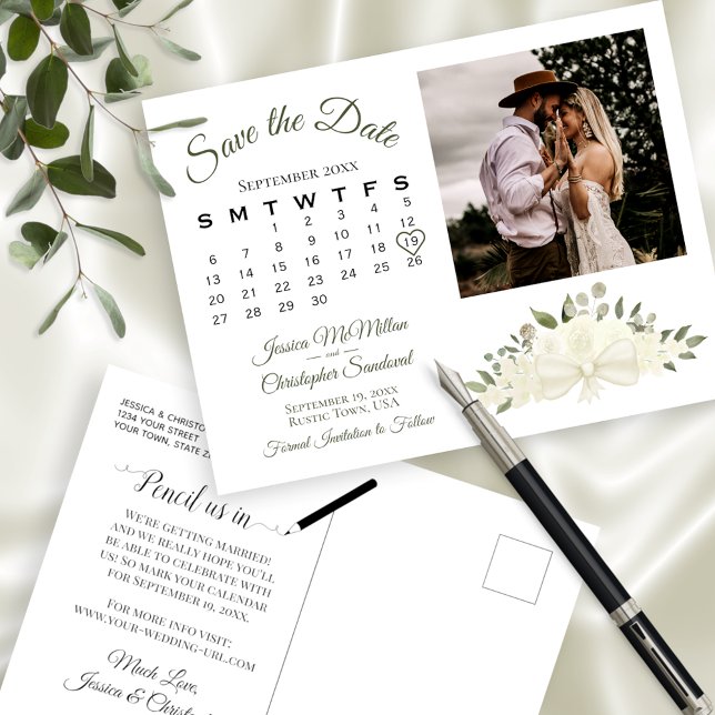 Ivory White Floral Photo & Calendar Save the Date Announcement Postcard (Creator Uploaded)