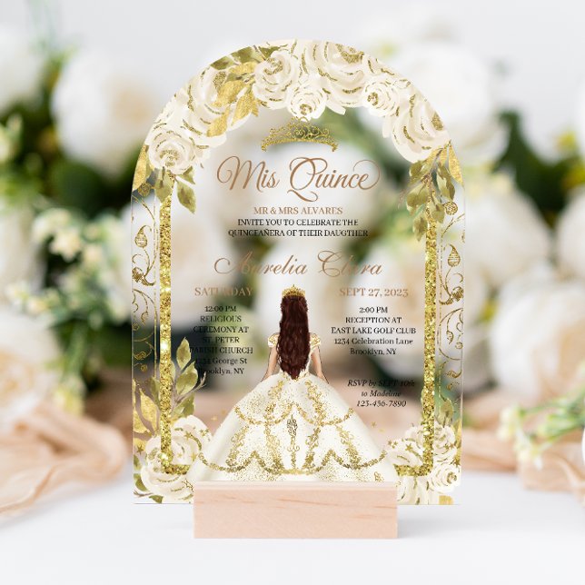 Ivory White Floral Princess Gold Arch Quinceanera Acrylic Invitations (Creator Uploaded)