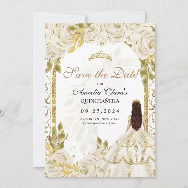 Ivory White Floral Princess Gold Arch Quinceanera Announcement (Front)