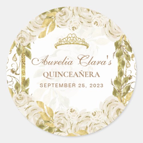 Ivory White Floral Princess Gold Arch Quinceanera Classic Round Sticker