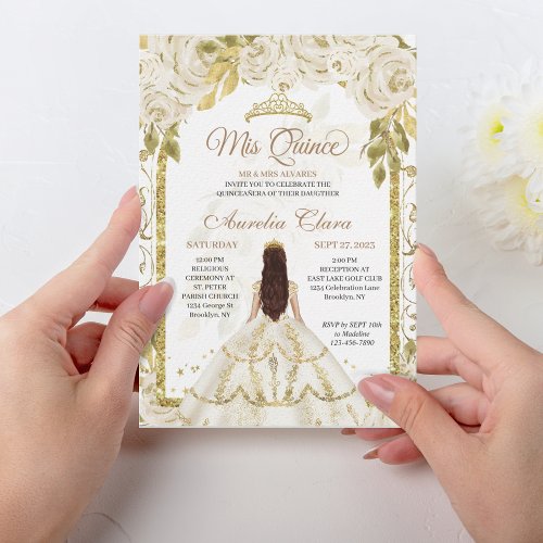 Ivory White Floral Princess Gold Arch Quinceanera Invitation