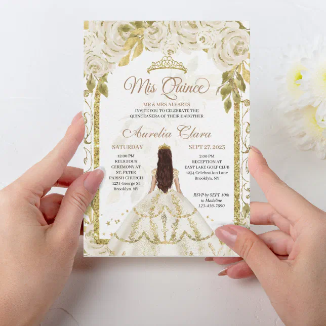 Ivory White Floral Princess Gold Arch Quinceanera Invitation | Zazzle