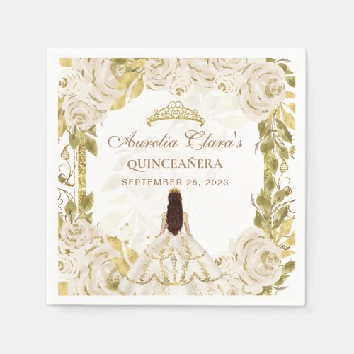 Ivory White Floral Princess Gold Arch Quinceanera Napkins