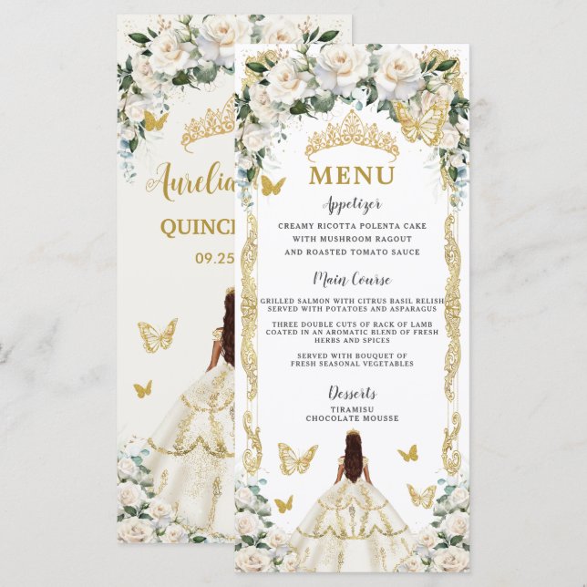 Ivory White Floral Quinceañera Brown Princess Menu (Front/Back)