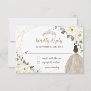 Ivory White Floral Quinceañera Champange Dress RSVP Card