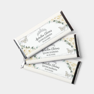 Ivory White Floral Quinceañera Silver Butterflies Hershey Bar Favors