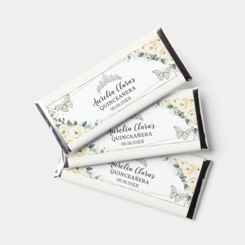 Ivory White Floral Quinceaera Silver Butterflies Hershey Bar Favors