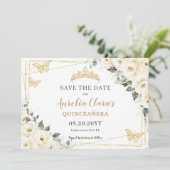 Ivory White Floral Quinceanera Sweet 16 Butterfly Save The Date (Standing Front)