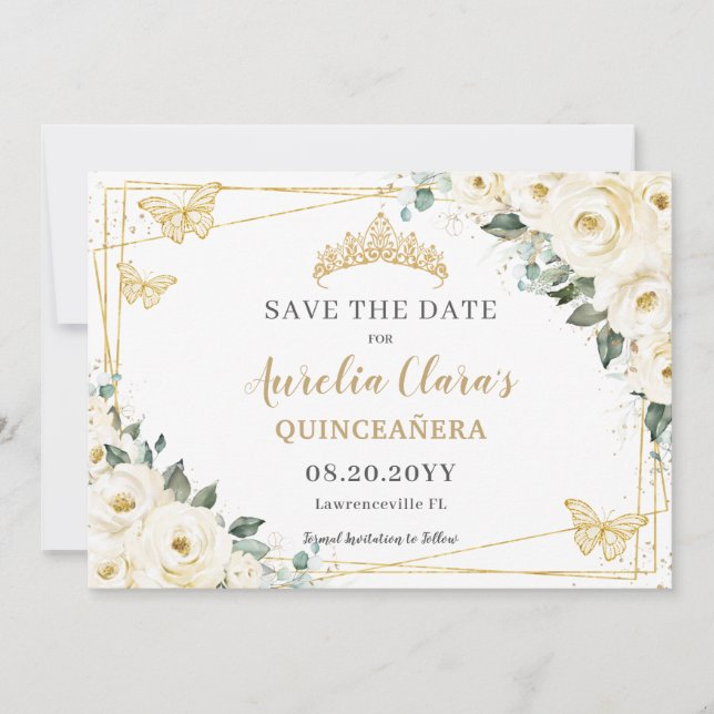 Ivory White Floral Quinceanera Sweet 16 Butterfly Save The Date (Front)