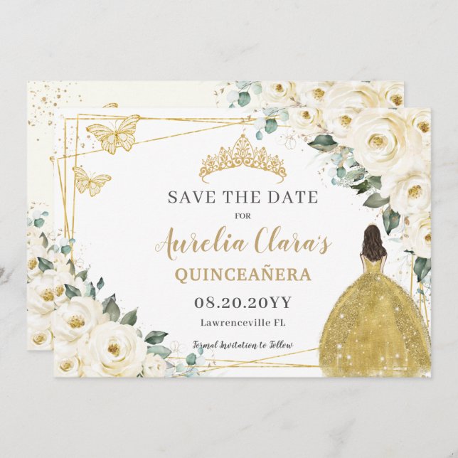 Ivory White Floral Quinceanera Sweet 16 Princess  Save The Date (Front/Back)