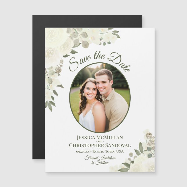 Ivory White Floral Save the Date Oval Photo Magnet (Front/Back)