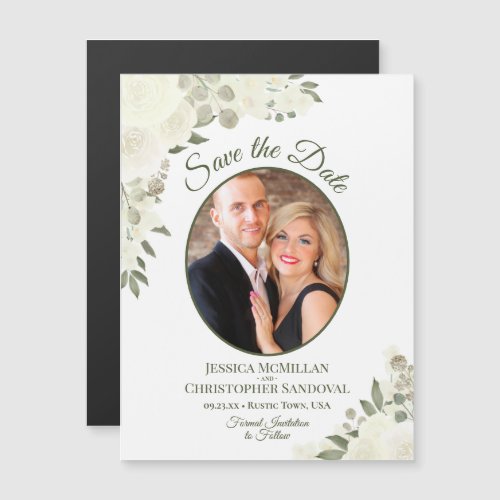 Ivory White Floral Save the Date Oval Photo Magnet