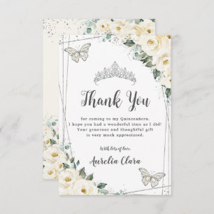 Ivory White Floral Silver Butterflies Quinceañera Thank You Card