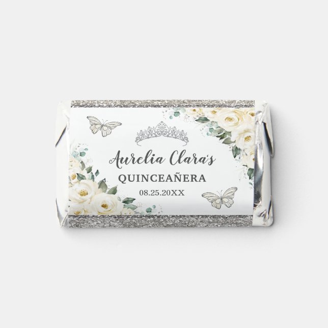 Ivory White Floral Silver Quinceañera Butterflies Hershey's Miniatures (Front)