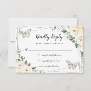 Ivory White Floral Silver Quinceañera Butterflies RSVP Card