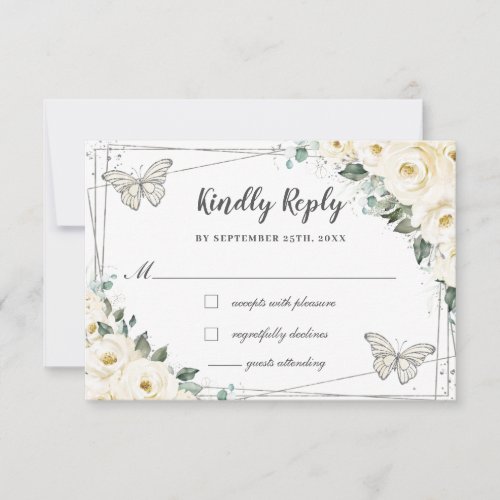 Ivory White Floral Silver Quinceaera Butterflies  RSVP Card