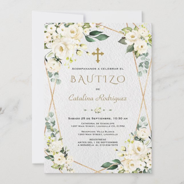 Ivory White Floral Spanish Invitacion De Bautizo Invitation (Front)