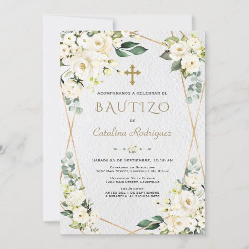Ivory White Floral Spanish Invitacion De Bautizo Invitation