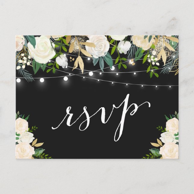 Ivory White Floral String Lights Wedding RSVP Invitation Postcard (Front)