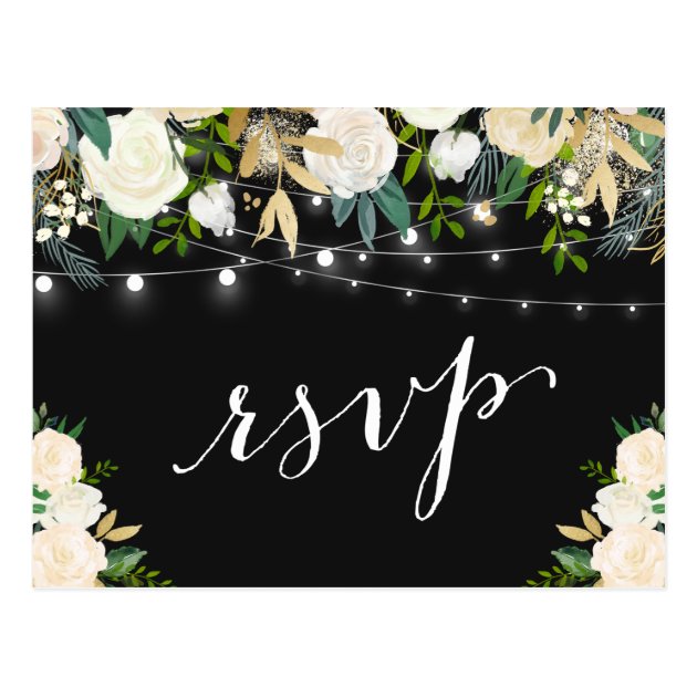 Ivory White Floral String Lights Wedding RSVP Postcard