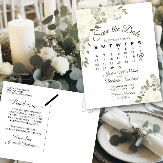 Ivory White Floral Wedding Save the Date Calendar Announcement Postcard (Front/Back)