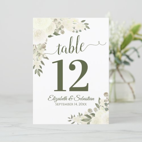 Ivory White Floral Wedding Table Number Card Large