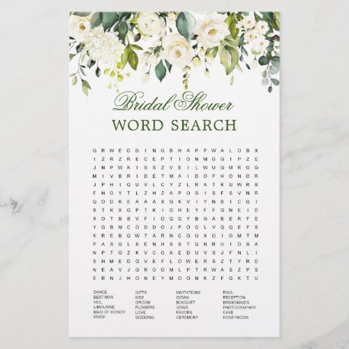 Ivory White  Floral Word Search Bridal Shower Game