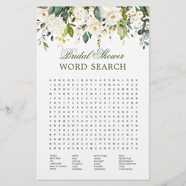 Ivory White  Floral Word Search Bridal Shower Game (Front)