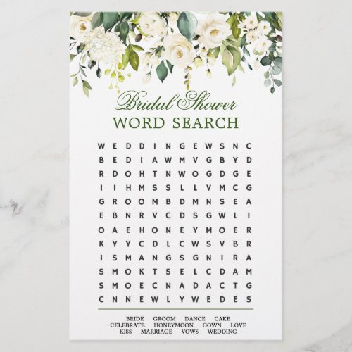Ivory White  Floral Word Search Bridal Shower Game