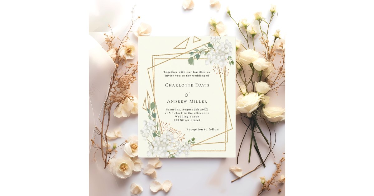 Ivory white florals geometric wedding invitation | Zazzle