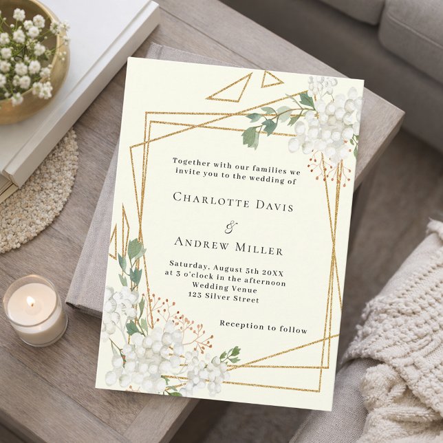 Ivory white florals gold geometric wedding invitation (Creator Uploaded)