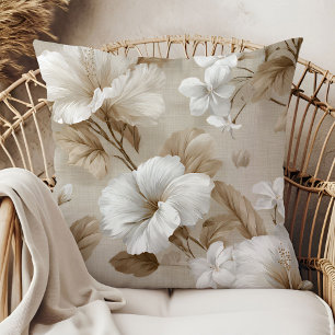 Ivory white flower earthy beige elegant boho decor throw pillow