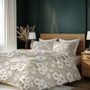 Ivory white flower earthy beige elegant duvet cove cover