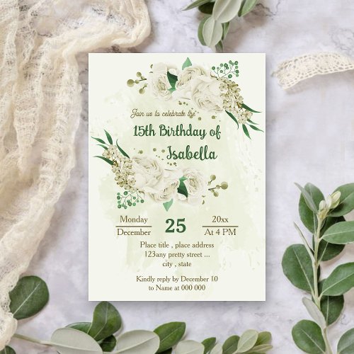 Ivory white flowers greenery birthday