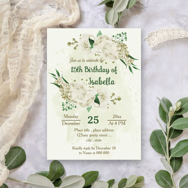 Ivory white flowers greenery birthday invitation (Creator Uploaded)