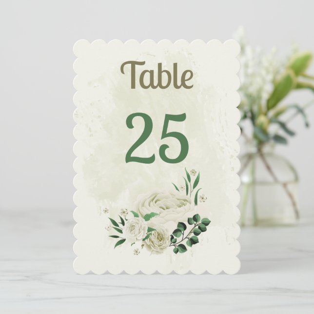 Ivory white flowers greenery table number card (Standing Front)
