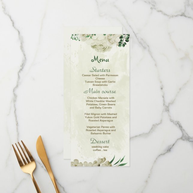 Ivory white flowers greenery wedding menu (Front/Back In Situ)