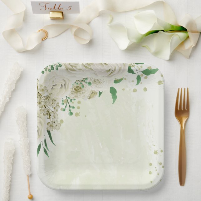 Ivory white flowers greenery wedding paper plates (Wedding)