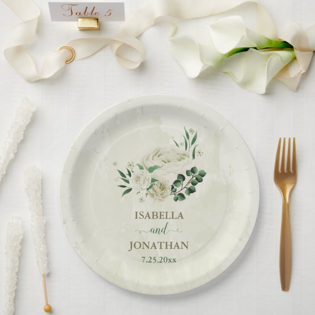 Ivory white flowers greenery wedding paper plates (Wedding)