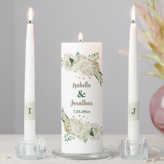  ivory white flowers greenery wedding unity candle set (In Situ)