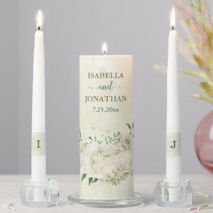 ivory white flowers greenery wedding unity candle set