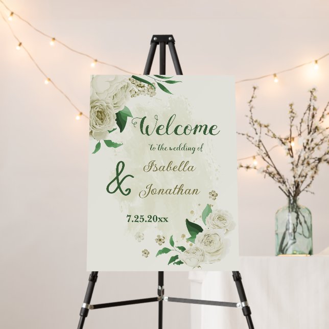  ivory white flowers greenery wedding welcome sign (In Situ (Stand))